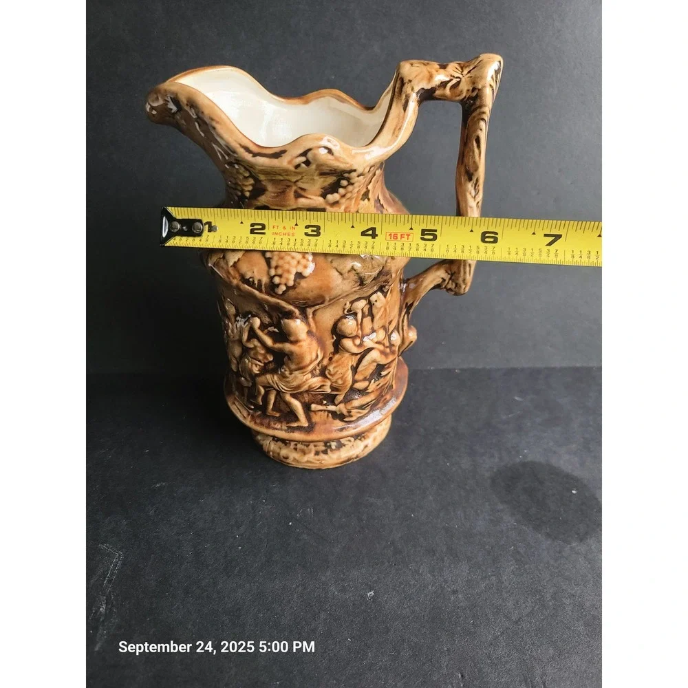 Vintage Ceramic Bacchus Relief Pitcher Figures Dancing‎ Scene Majolica Signed